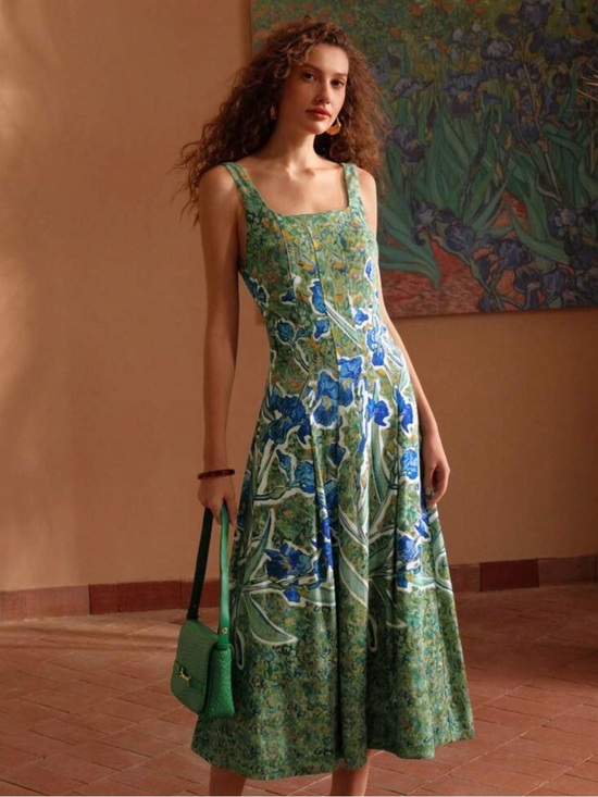 MOTF Dresses & Skirts - MOTF Green Floral Midi Dress with Blue Blooms
